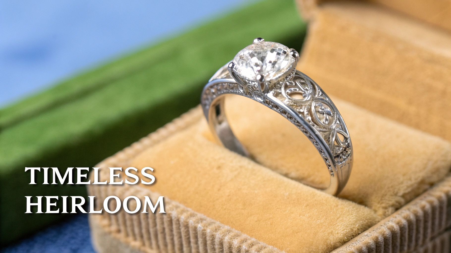 A detailed close-up of an ornate antique platinum wedding ring, showcasing intricate filigree work and small diamonds.