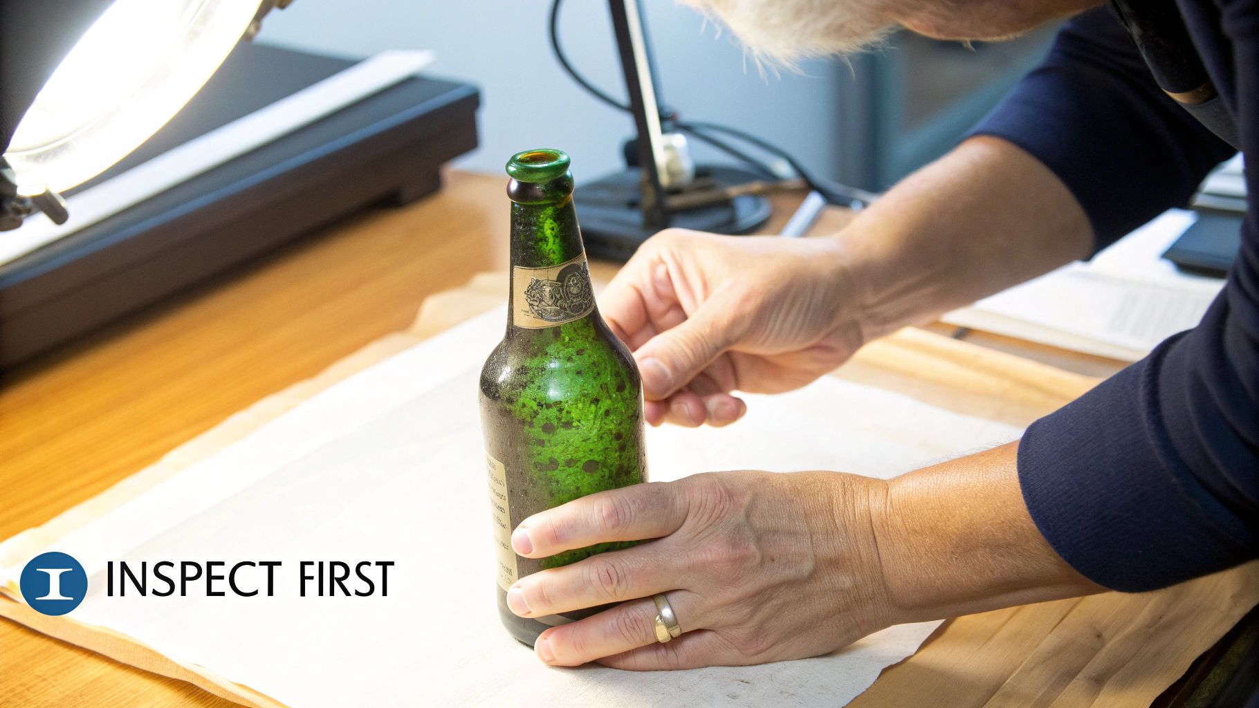 A person holding an old glass bottle up to a bright light to inspect it for cracks and chips.