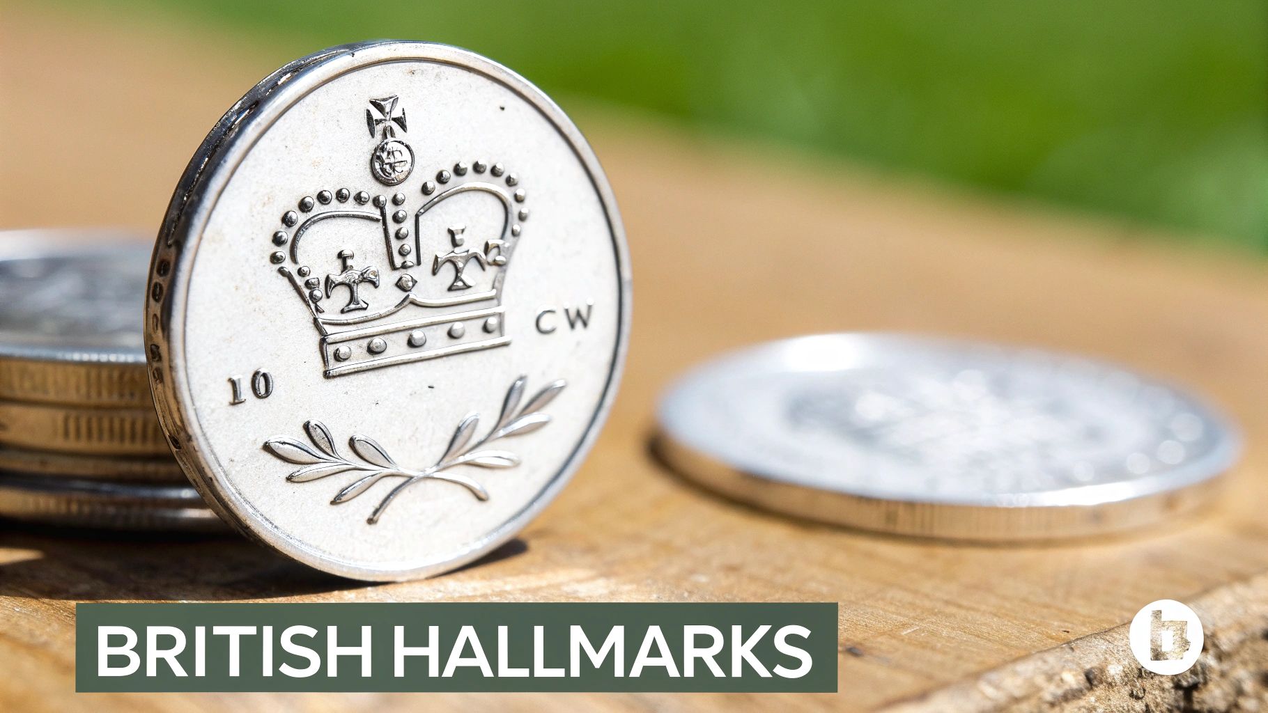 Close-up of a British 10 pence coin with a crown design and 'CW' mark on a wooden surface.