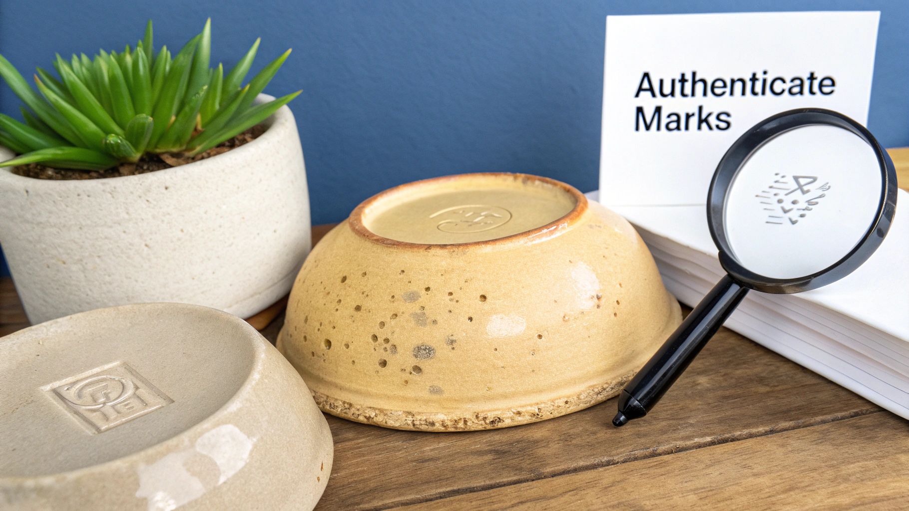 Ceramic bowls with marks are examined with a magnifying glass beside an 'Authenticate Marks' sign.