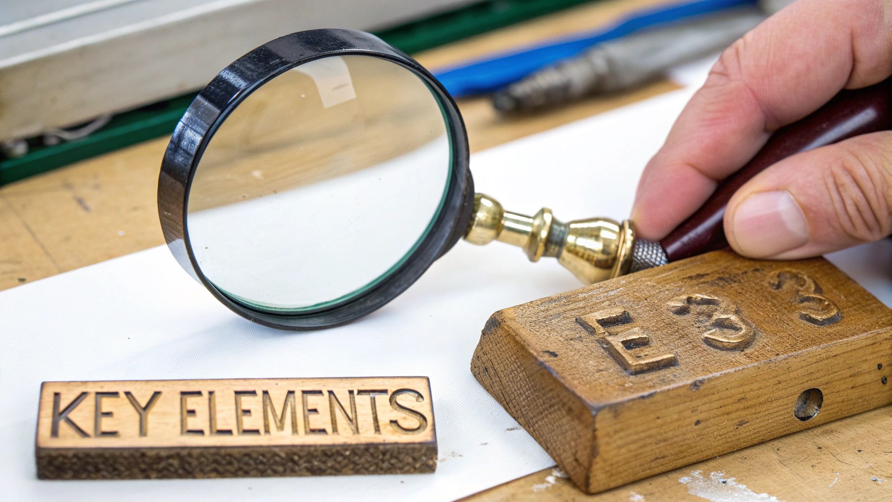 Magnifying glass, carved 'KEY ELEMENTS' wooden block, and hand carving 'E3' detail on wood.