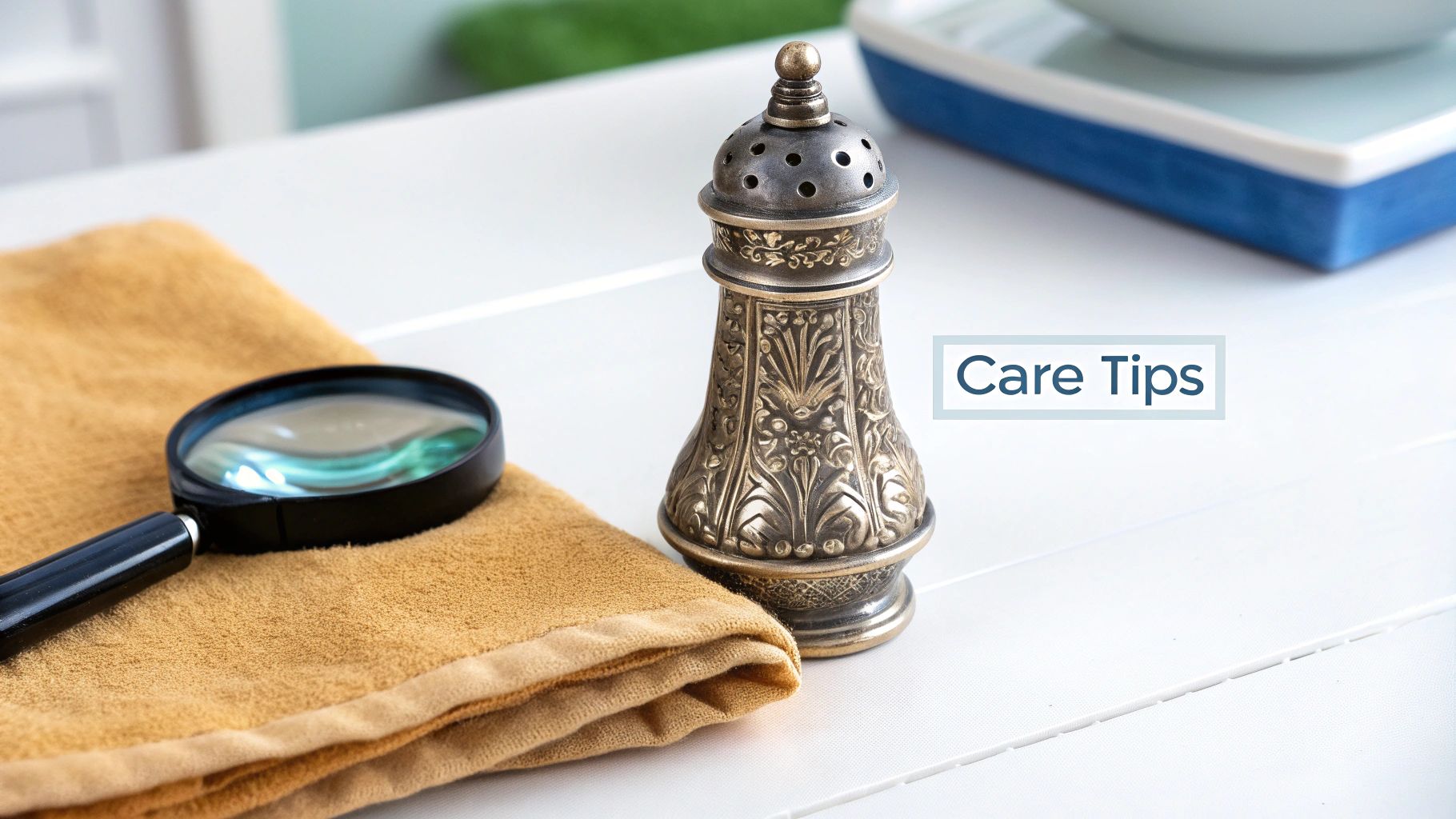 An antique silver salt shaker, magnifying glass, and tan towel on a white surface with 'Care Tips' text.