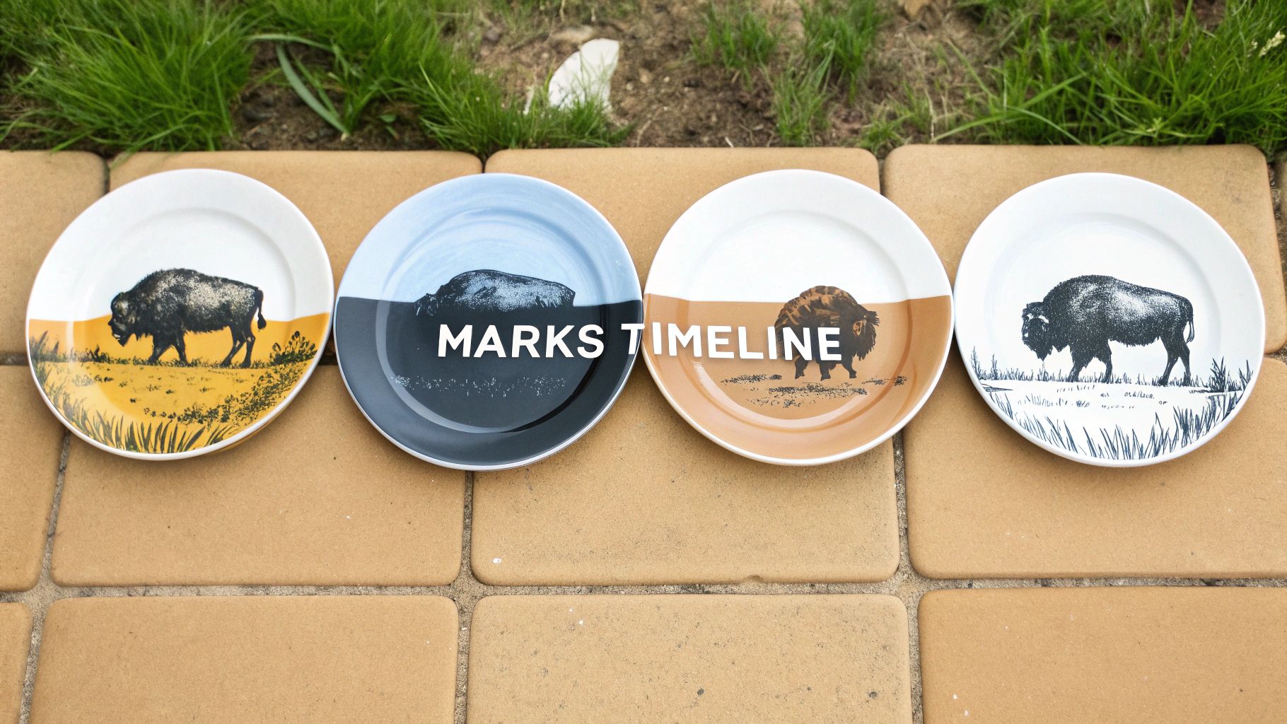 Four decorative plates with distinct buffalo illustrations and varying color schemes on a tiled surface.