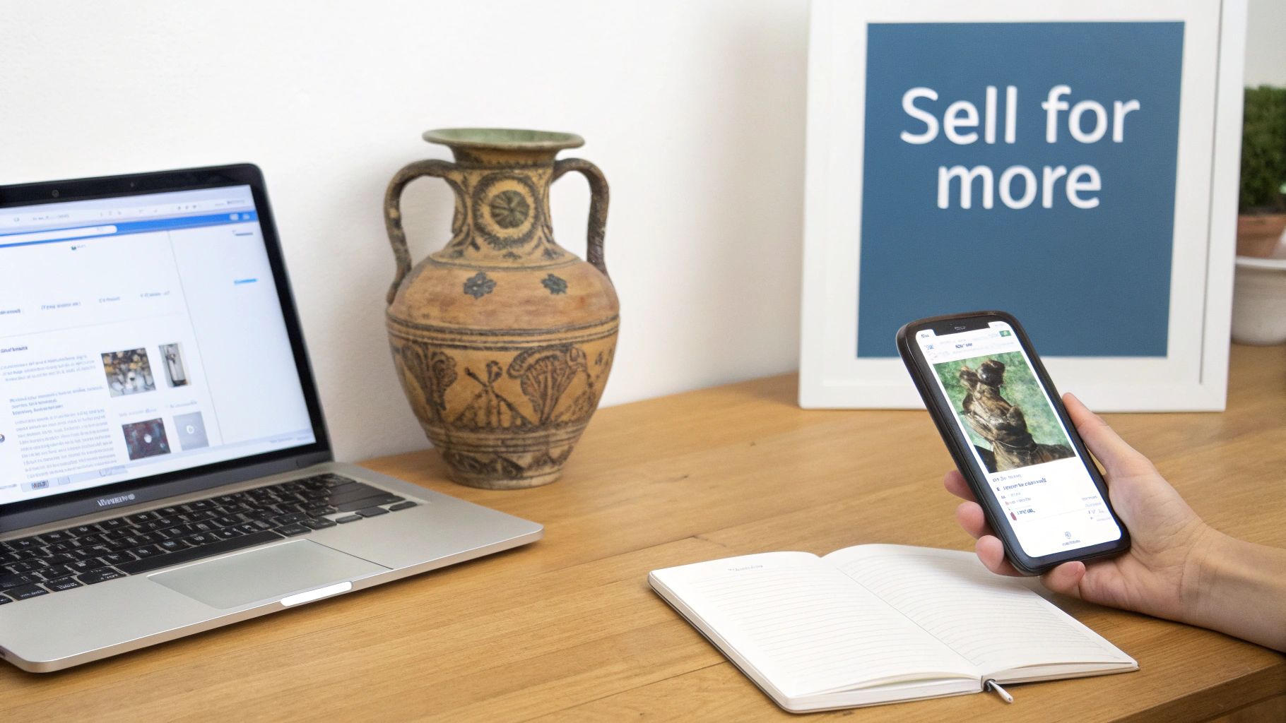 Person using a smartphone to list an antique item for sale online, with a laptop, vase, and 'Sell for more' sign.