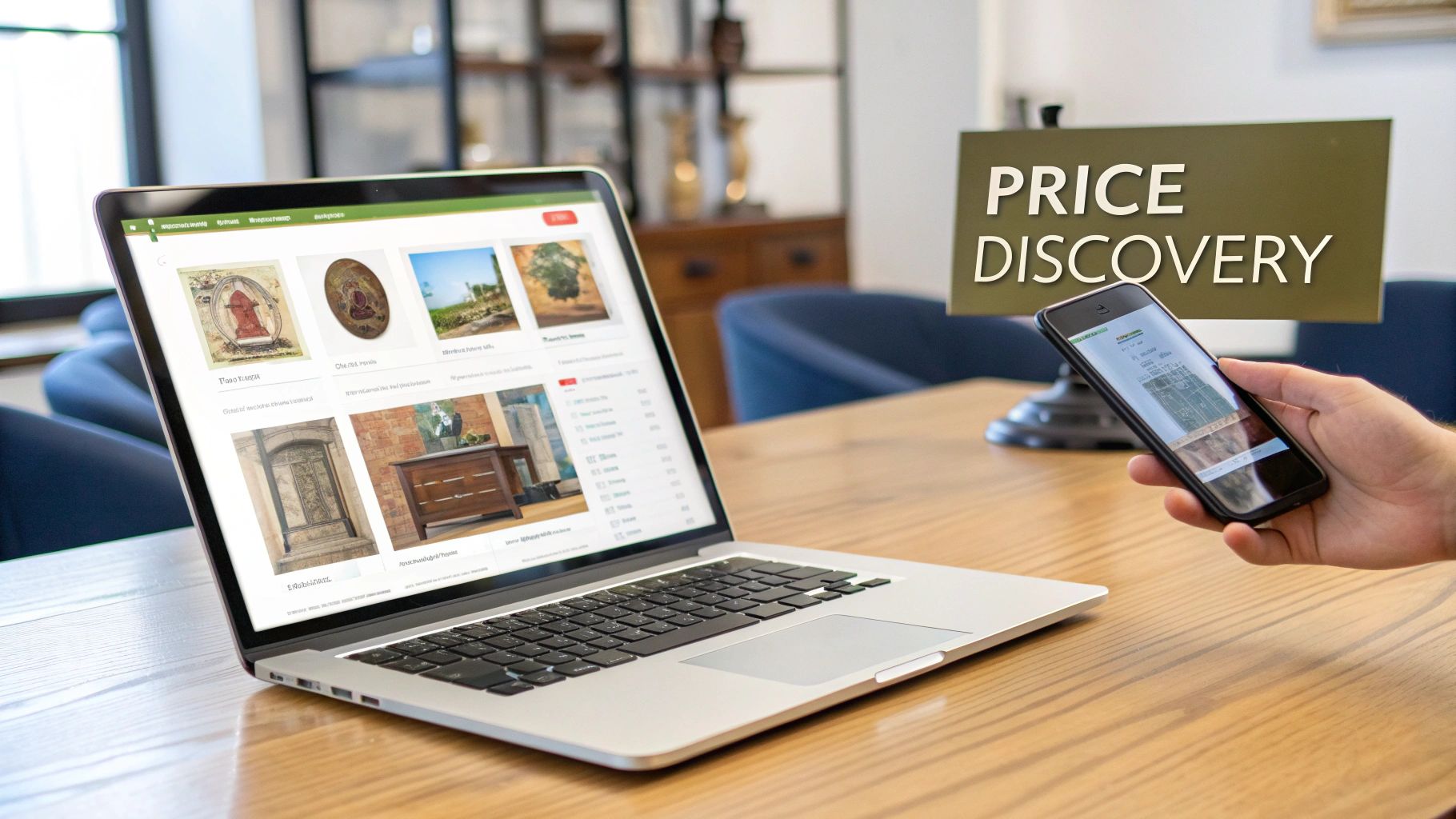 A screenshot of the LiveAuctioneers website homepage, showing a search bar and featured auction items.