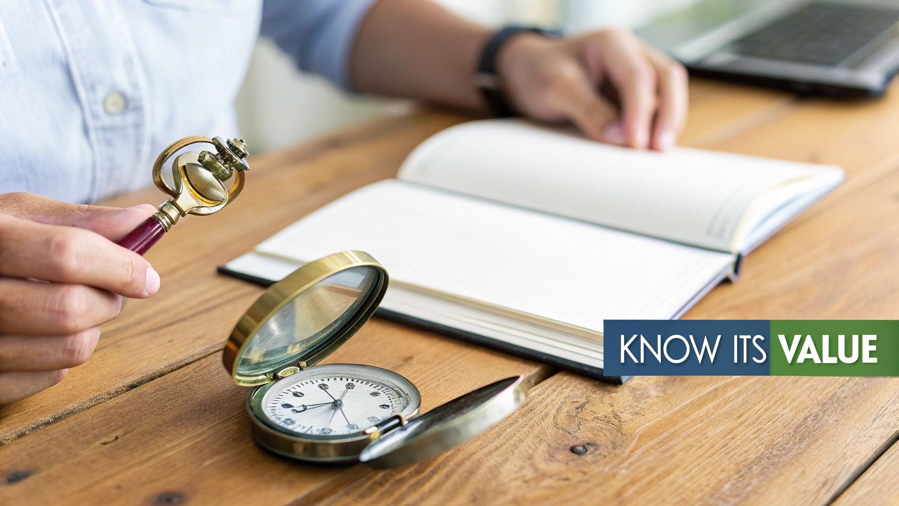 A person examining a vintage key-like object with a compass and open book on a wooden desk.