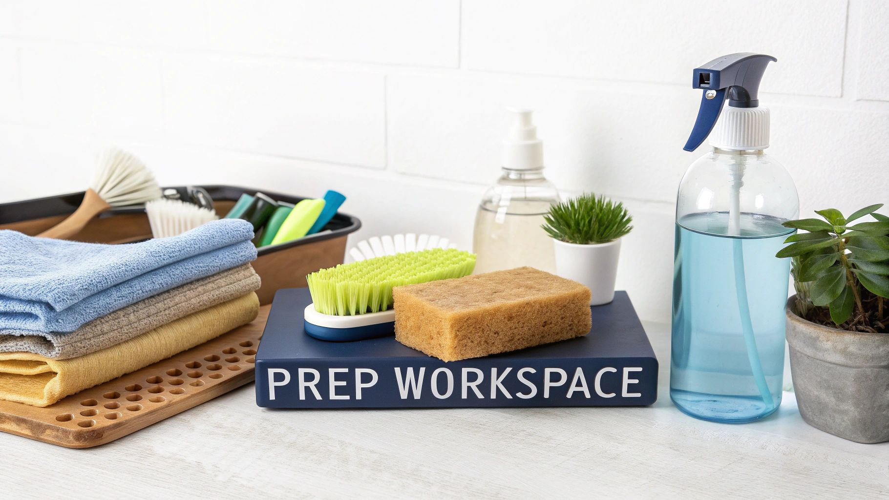 An organized workspace with a padded mat in a sink, soft brushes, and a collection of antique glass bottles ready for cleaning.