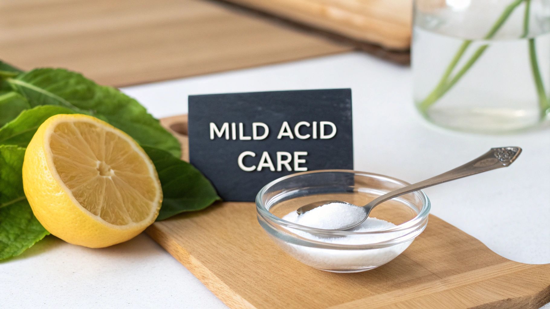 A half lemon, a bowl of white powder with a spoon, and a 'MILD ACID CARE' sign on a wooden board.