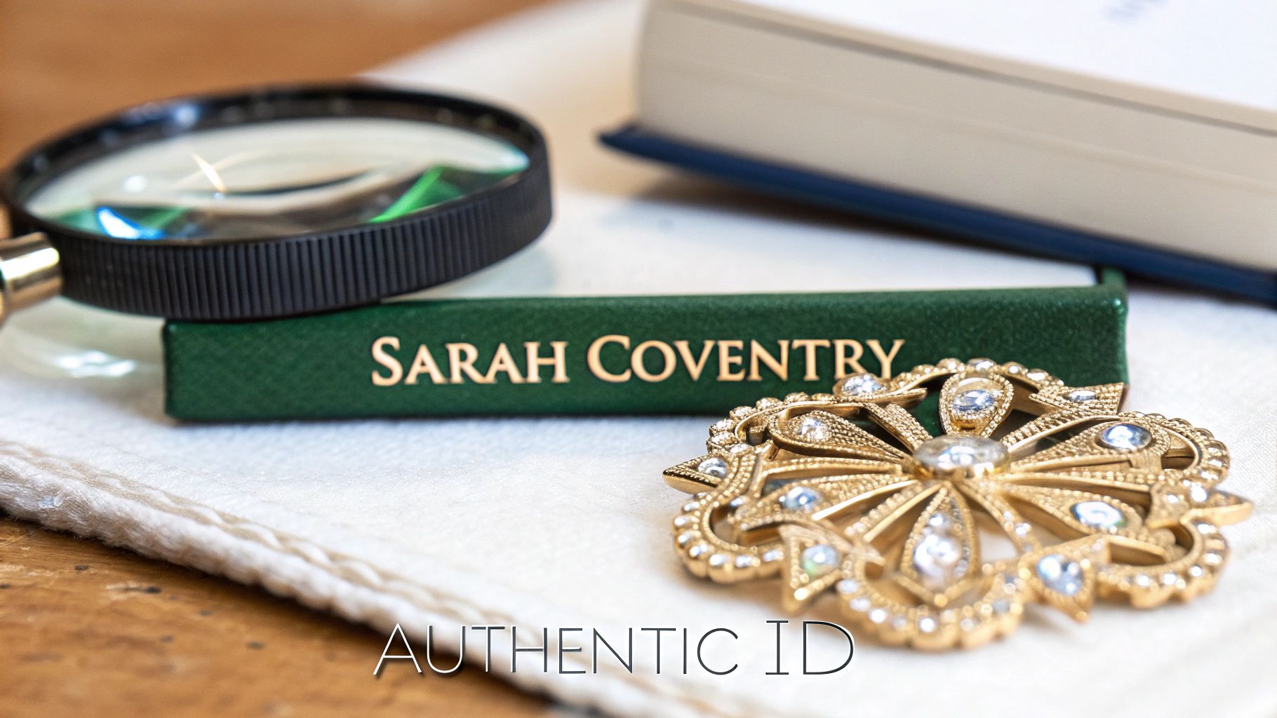 A magnifying glass, green 'SARAH COVENTRY' box, and a golden brooch with clear gemstones.