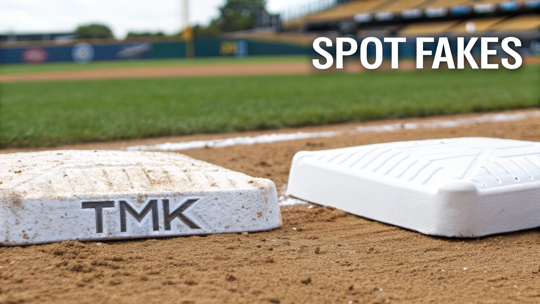 Two baseball bases, one with 'TMK' logo, on a dirt field with green grass and 'SPOT FAKES' text.