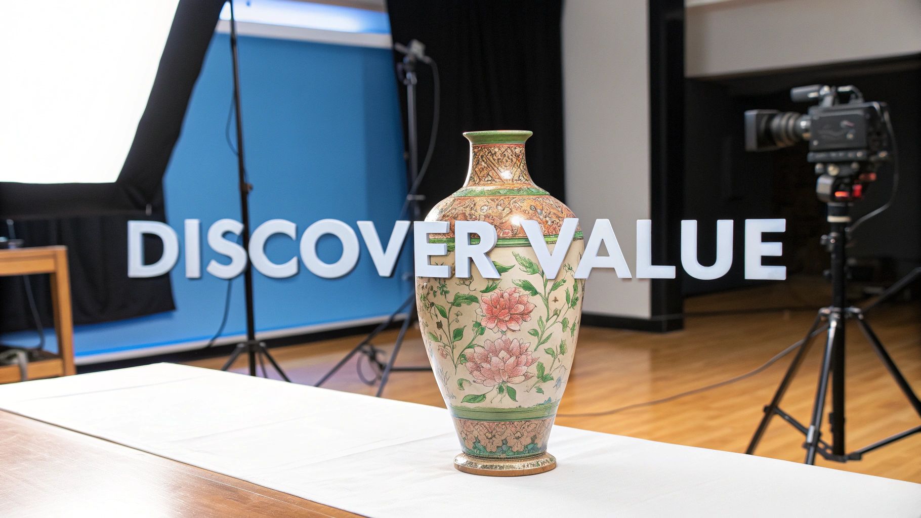 Ornate floral vase on white table in professional photography studio setup for antique appraisal