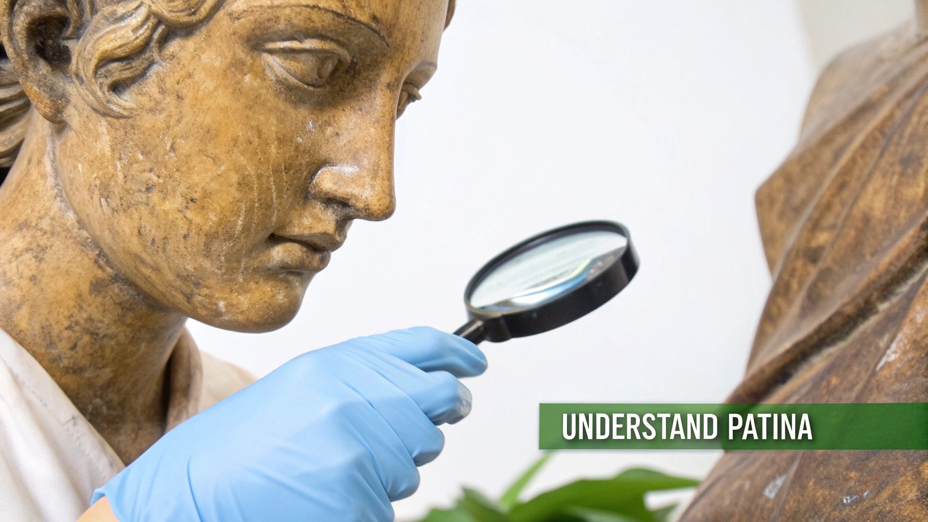 A gloved hand uses a magnifying glass to examine the aged patina of a bronze sculpture.