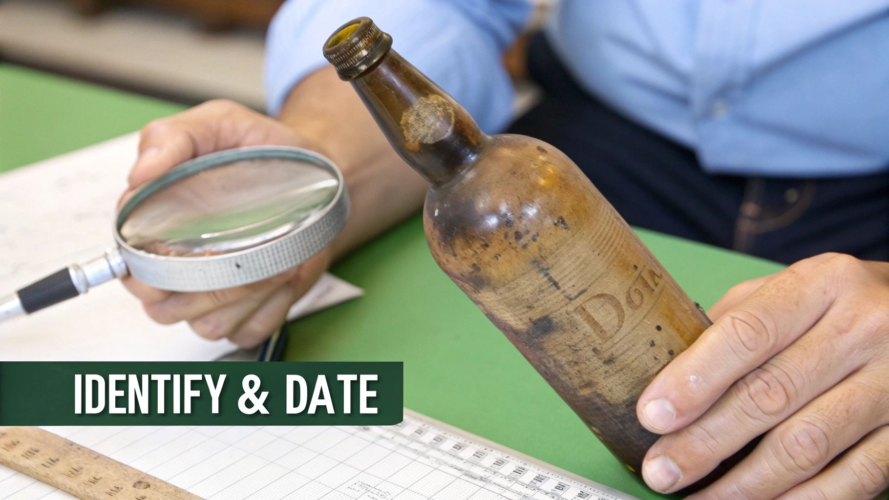 A person examines a vintage, possibly wooden, bottle with a magnifying glass on a green desk.