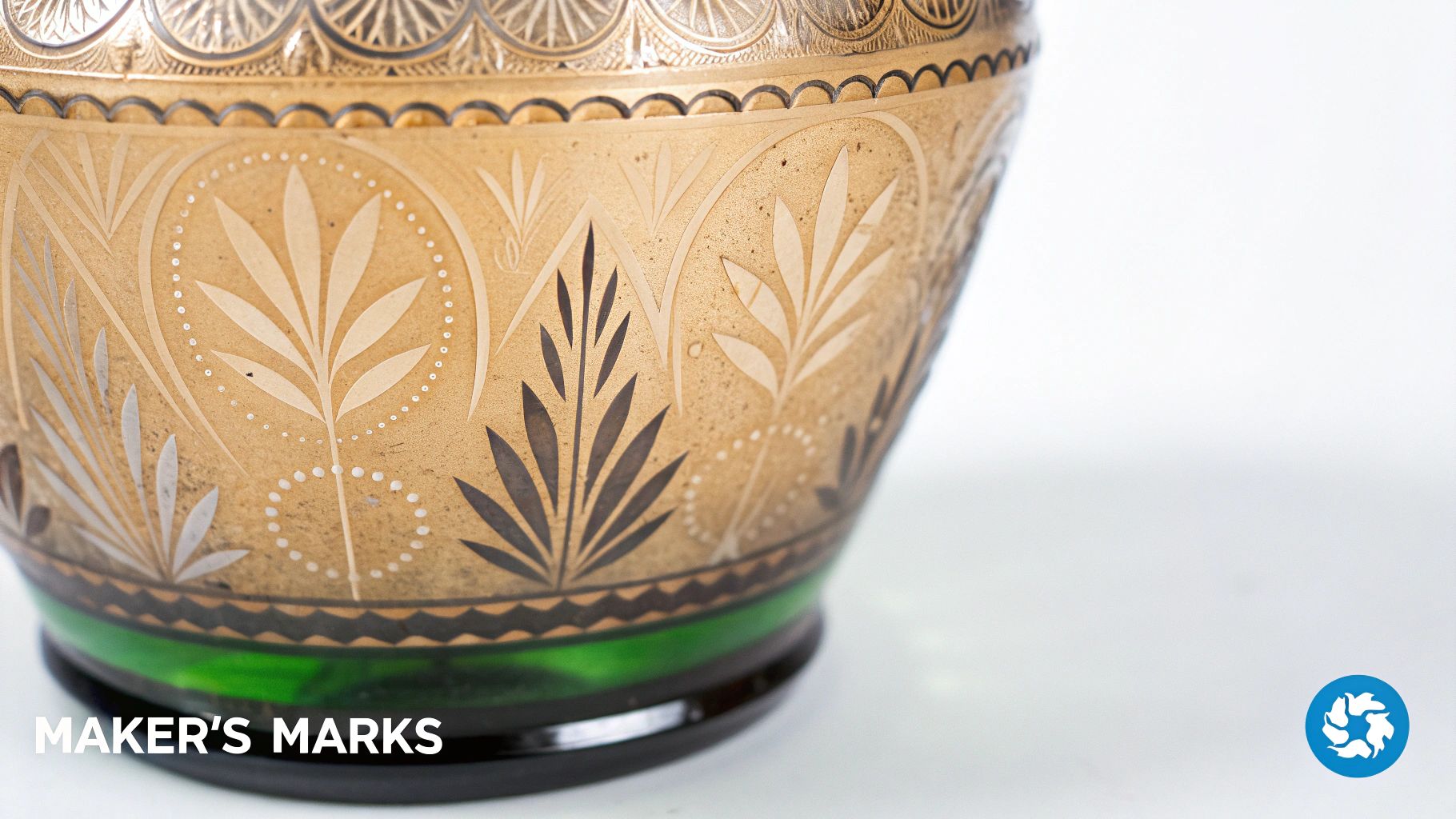 Close-up of an ornate gold-colored glass vase with intricate etched leaf patterns and a green base.