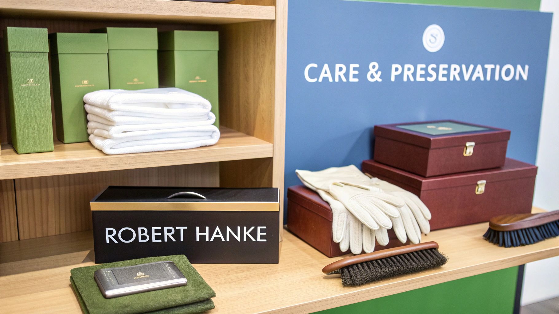A retail display featuring Robert Hanke care and preservation products like green boxes, white towels, gloves, and brushes.