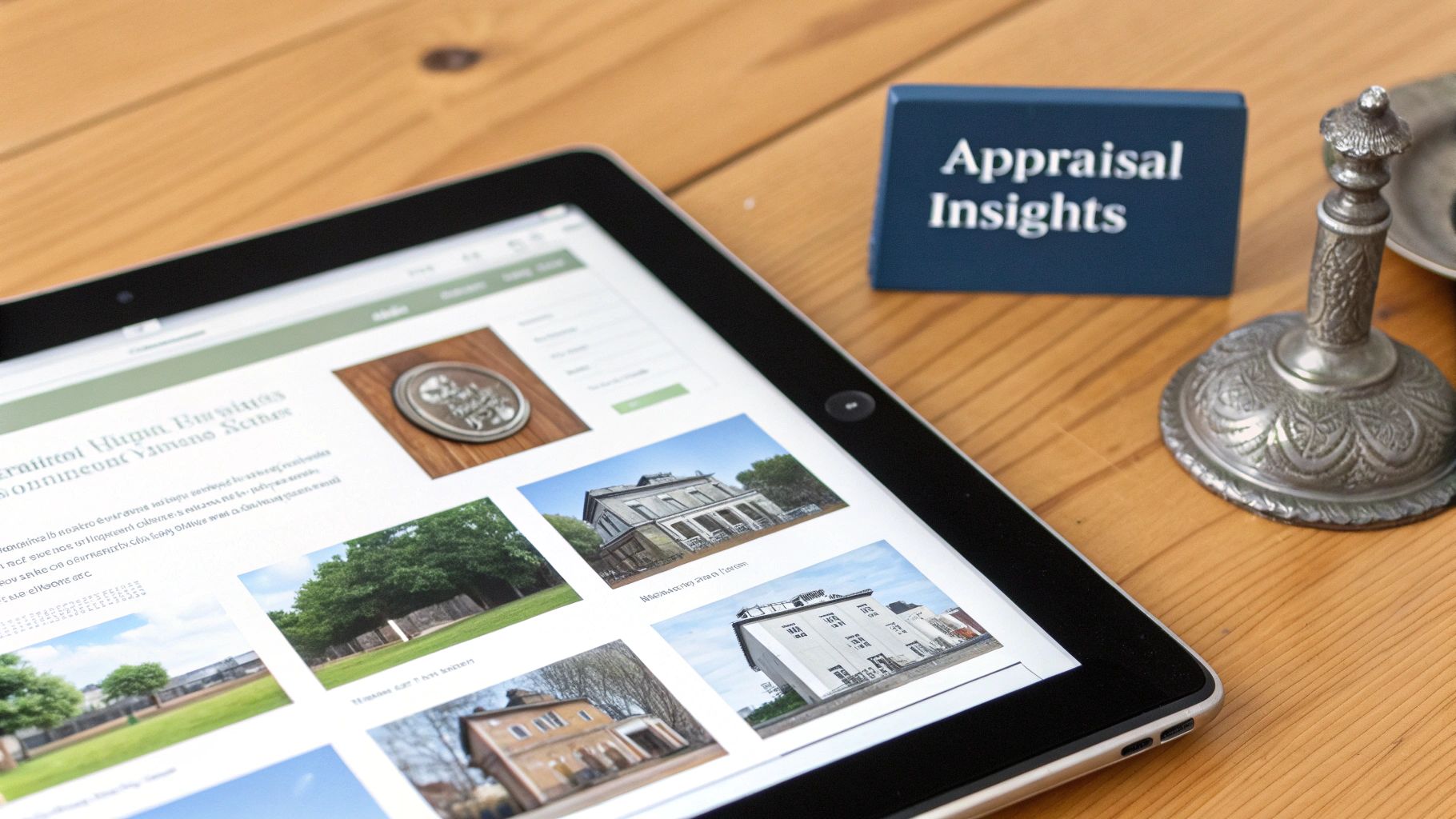 A person examining an antique painting with a magnifying glass, with appraisal data overlayed on the screen of a nearby tablet.