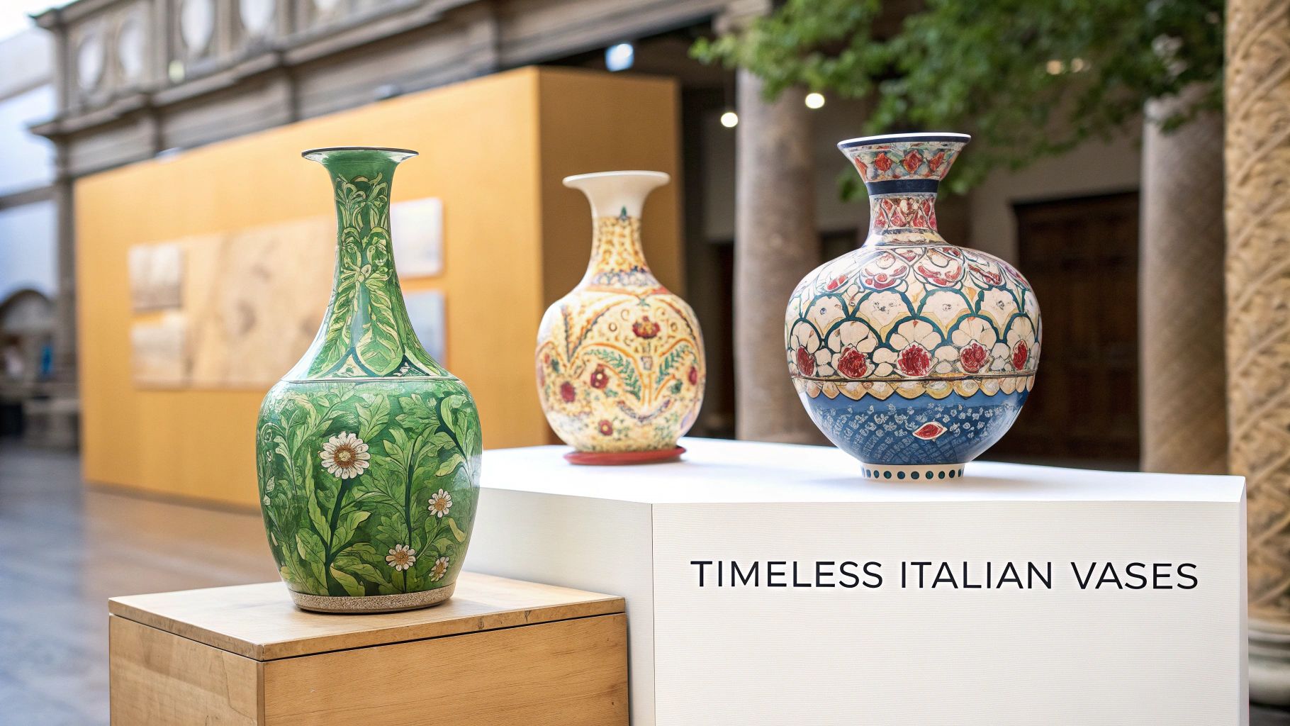 A collection of vibrant antique vases from Italy displayed on a wooden shelf