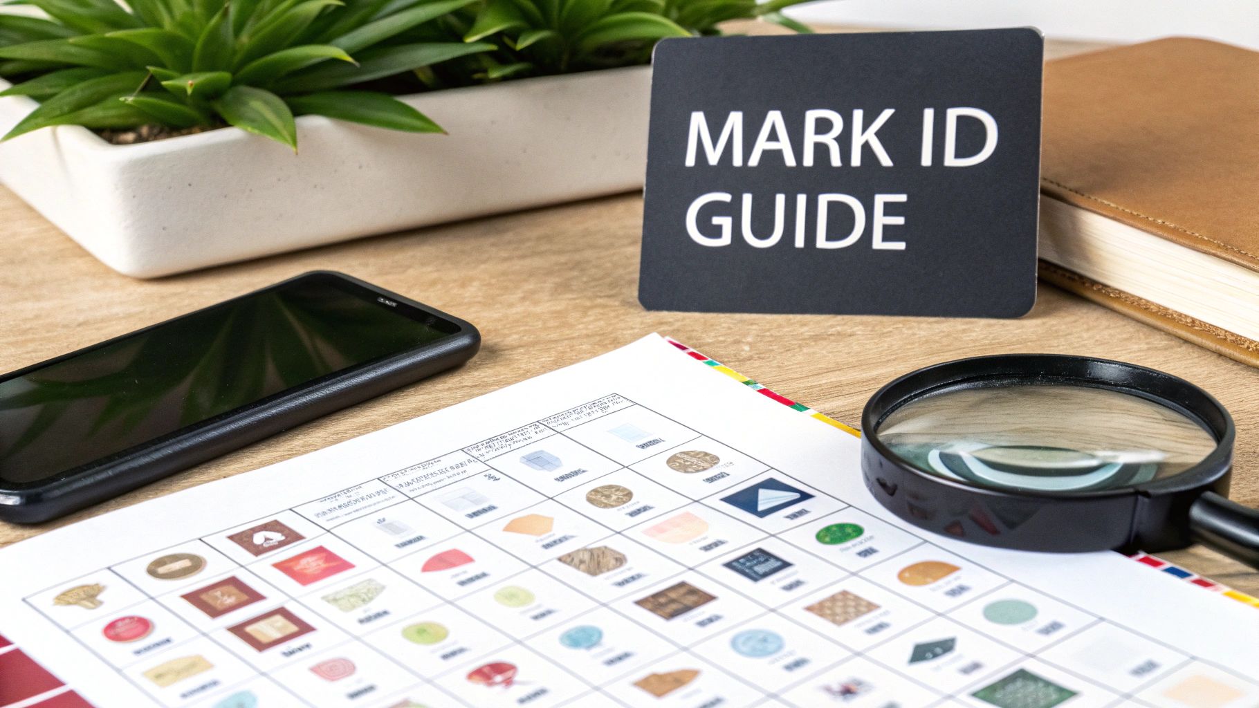 A desk with a 'MARK ID GUIDE' sign, a sheet of different marks, a magnifying glass, and a phone.