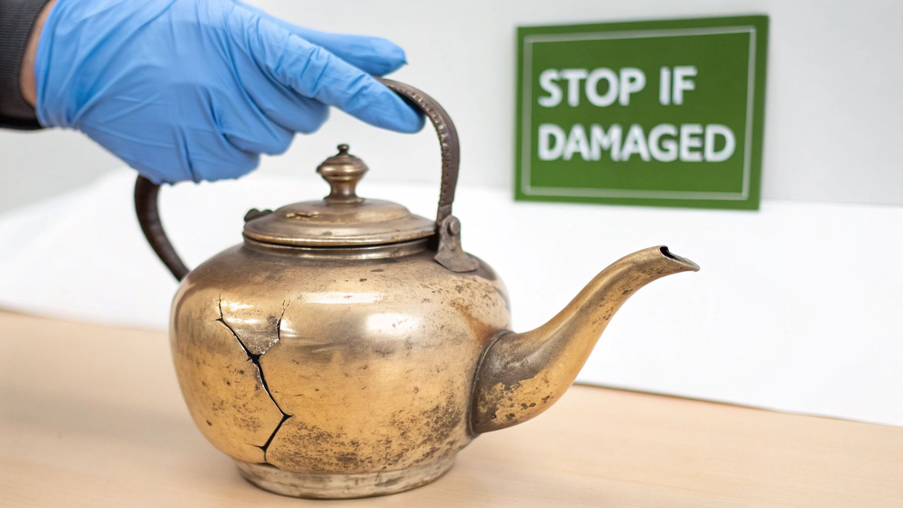 Gloved hand holds a visibly cracked antique brass kettle with a 'STOP IF DAMAGED' sign.