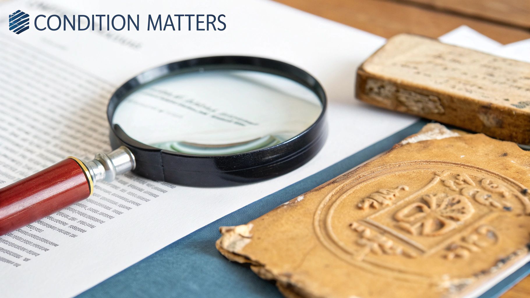 Magnifying glass examining documents with antique gold seal and vintage books for online appraisal