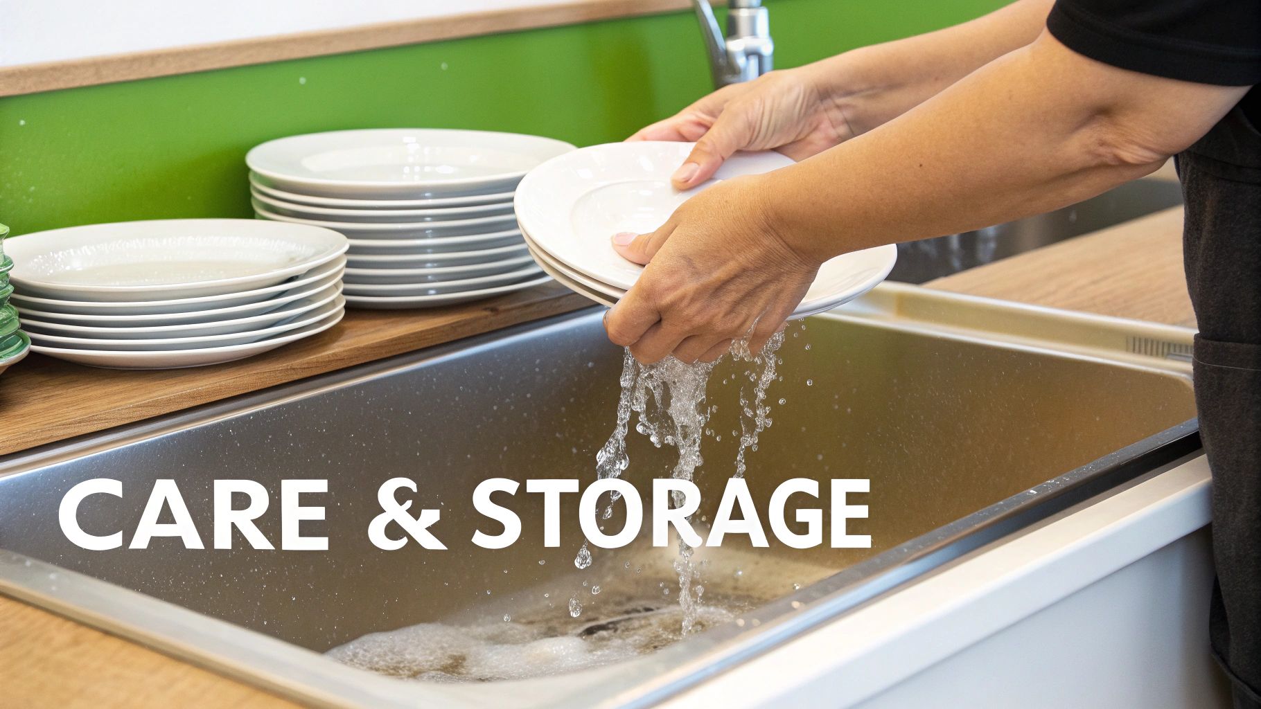 Hands rinse white ceramic plates under running water in a kitchen sink with stacks of plates nearby.