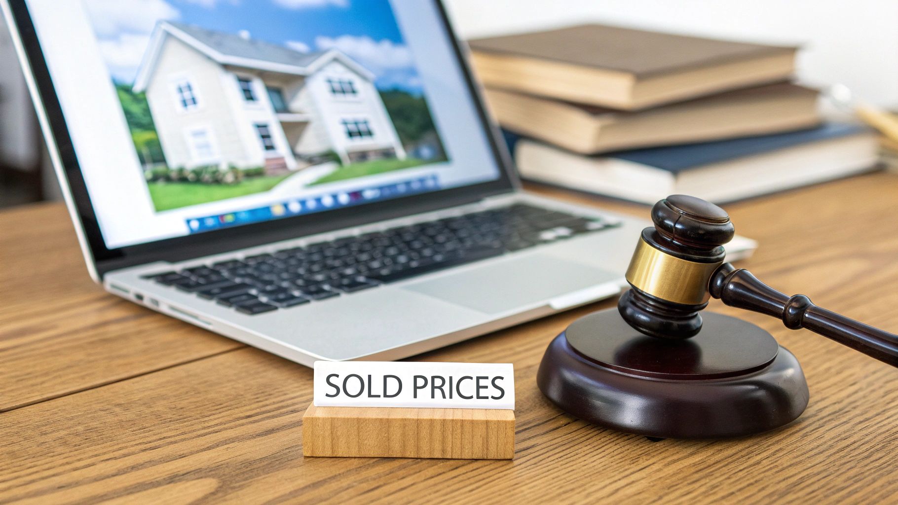 A laptop displaying a house image, a gavel, and a 'SOLD PRICES' sign on a wooden desk, indicating real estate sales.