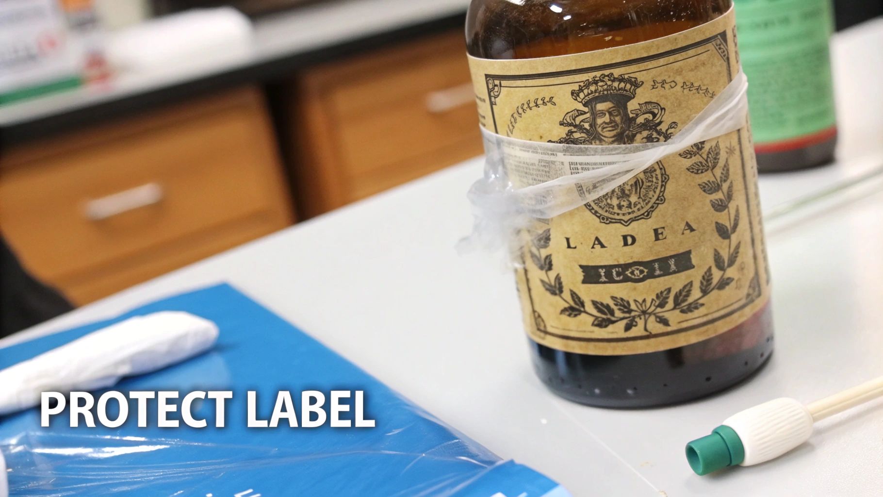 An antique medicine bottle with a fragile, yellowed paper label sits on a wooden table.