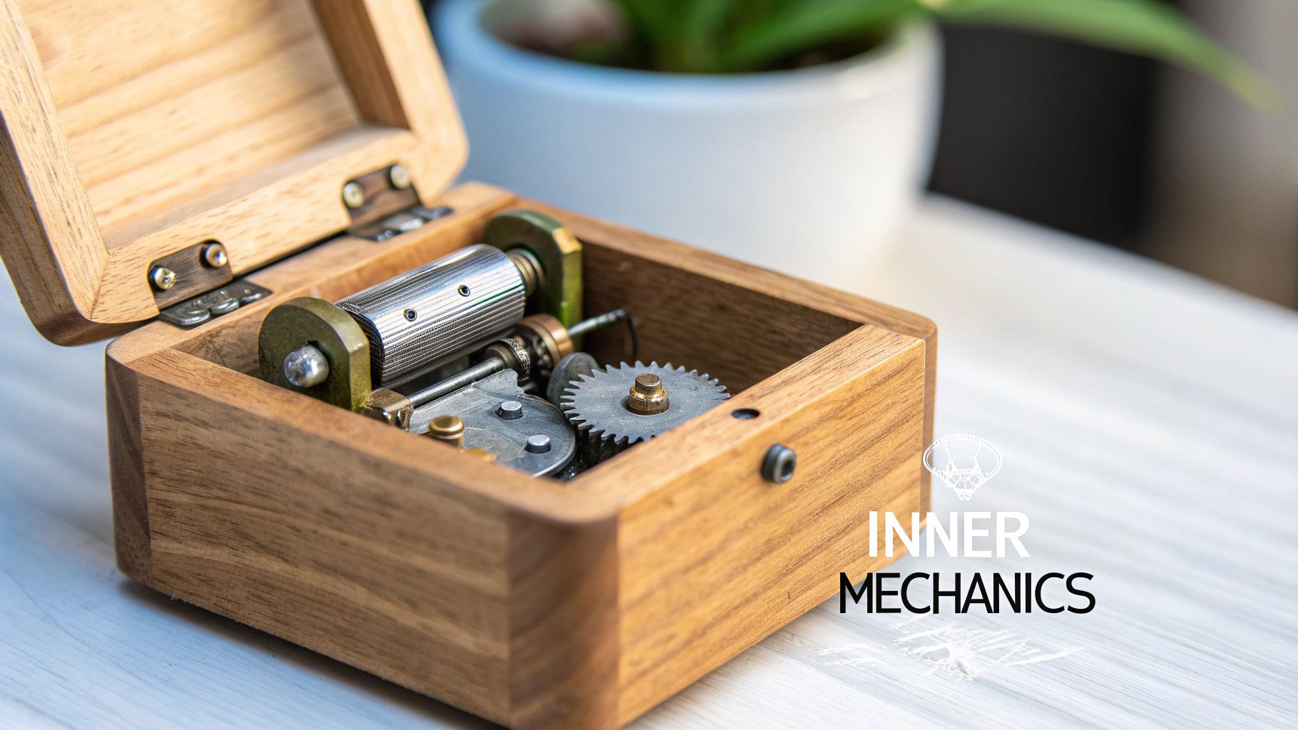 An open wooden music box showcases its internal intricate metal gears, cylinder, and pins.