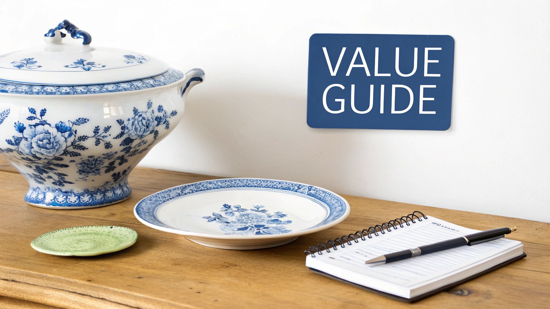 Blue and white flow blue china tureen with plate and value guide sign on wooden table