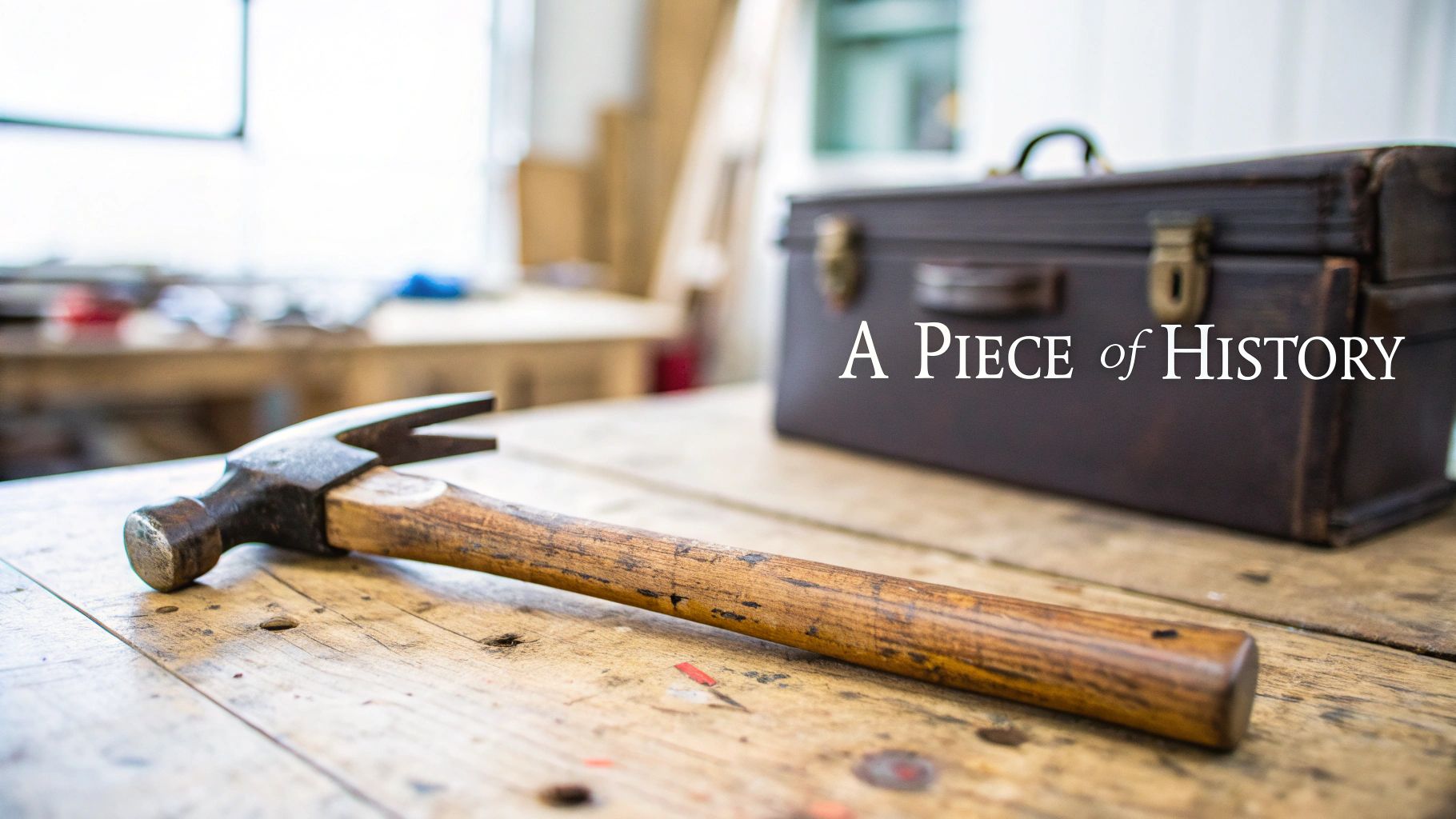 A vintage claw hammer rests on a rustic wooden workbench, with an antique toolbox and 'A Piece of History' text.