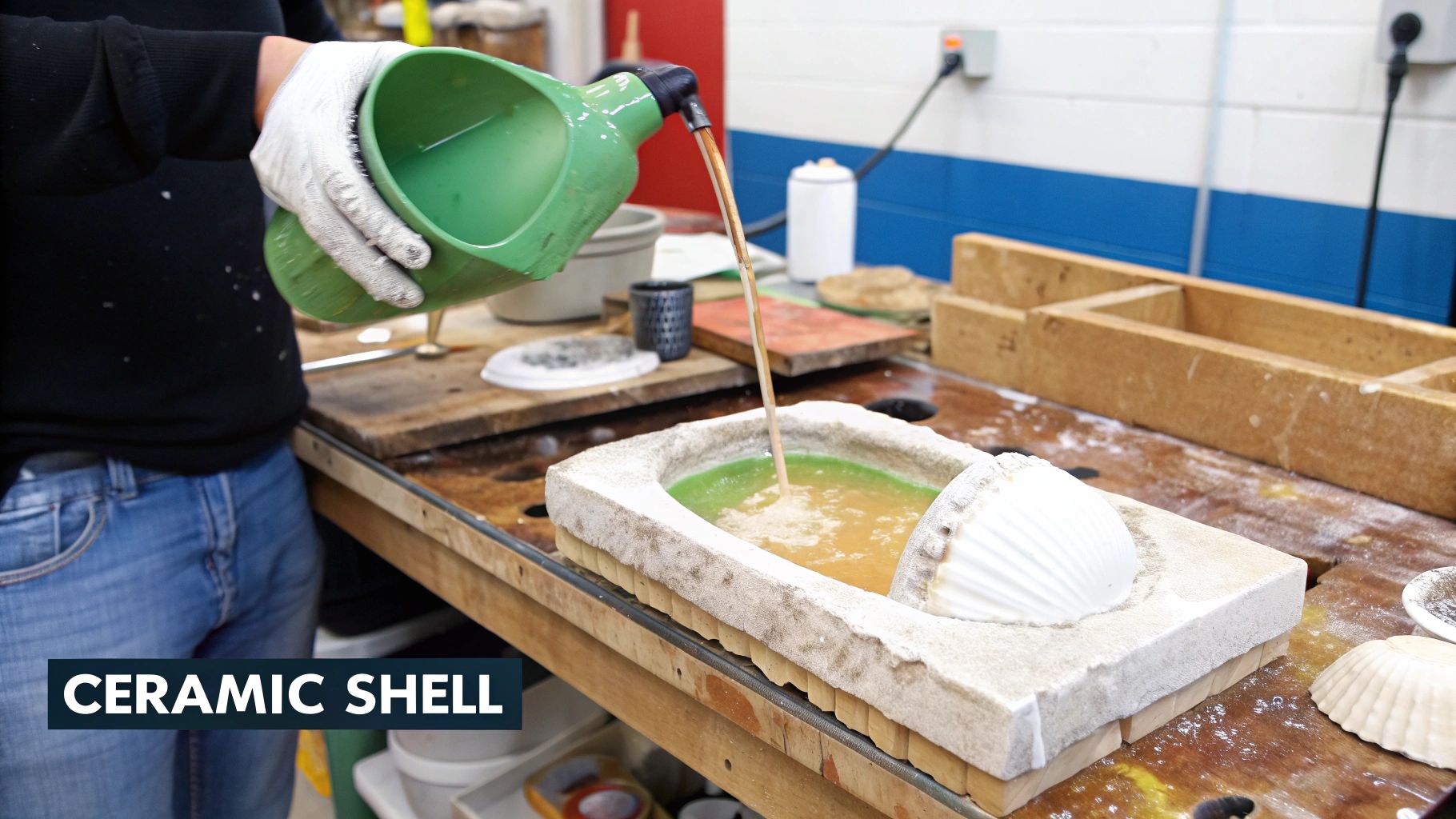 A foundry worker dips a wax replica of a sculpture into a ceramic slurry.