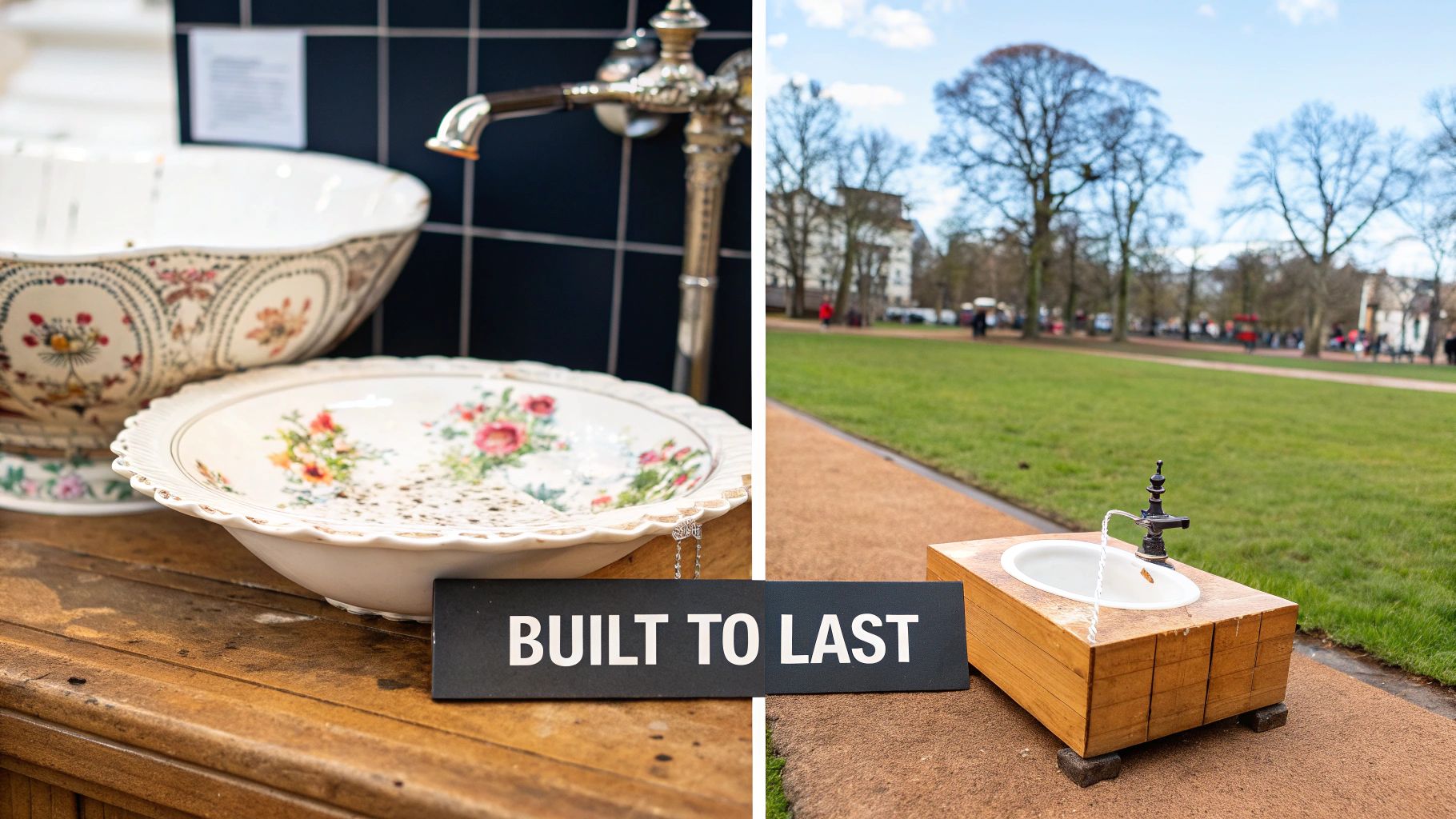 An ornate indoor porcelain sink contrasts with a modern outdoor miniature basin, both underscored by the 'BUILT TO LAST' sign.