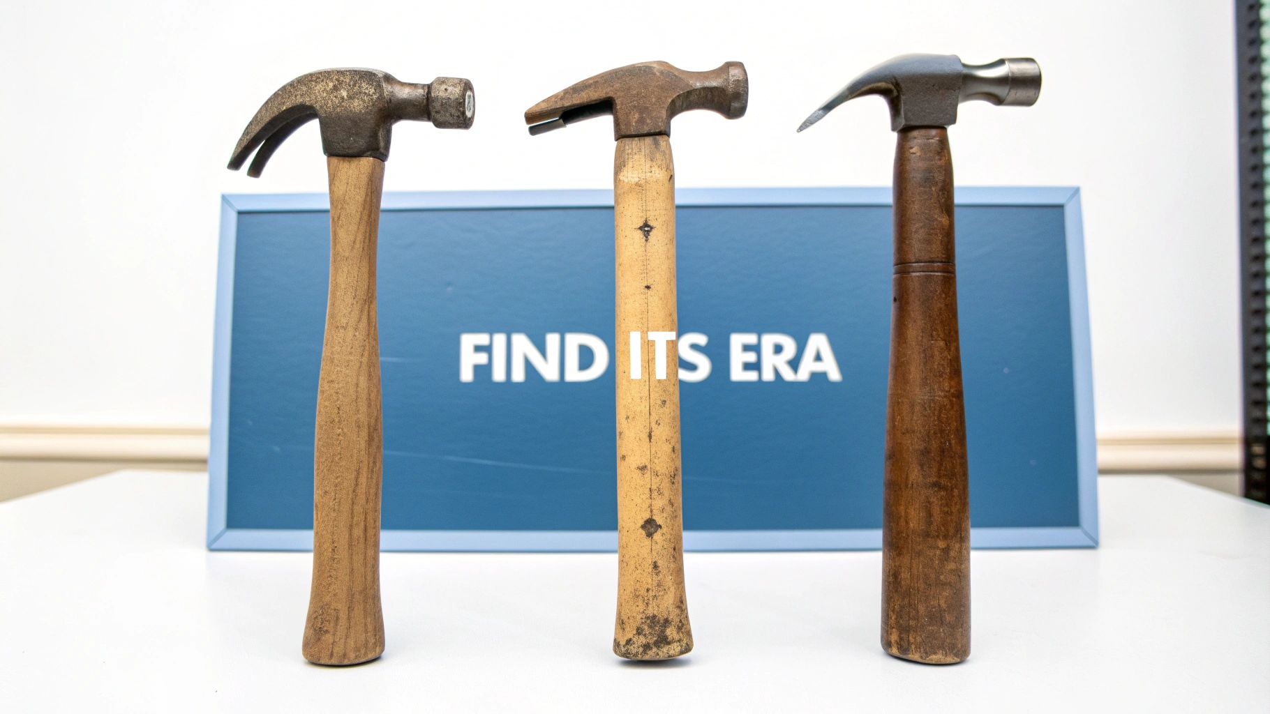 Three old, weathered hammers stand upright on a white surface, with a blue sign reading 'FIND ITS ERA' in the background.