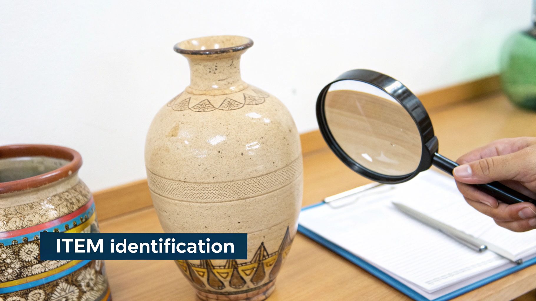 A person inspecting the hallmarks on an antique silver piece with a magnifying glass.
