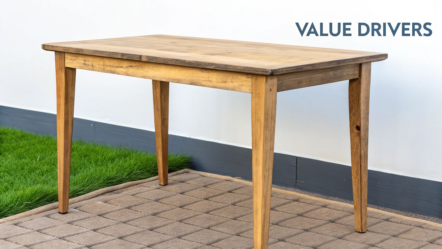 An assortment of vintage items including a camera, clock, and decorative pieces on a wooden surface.