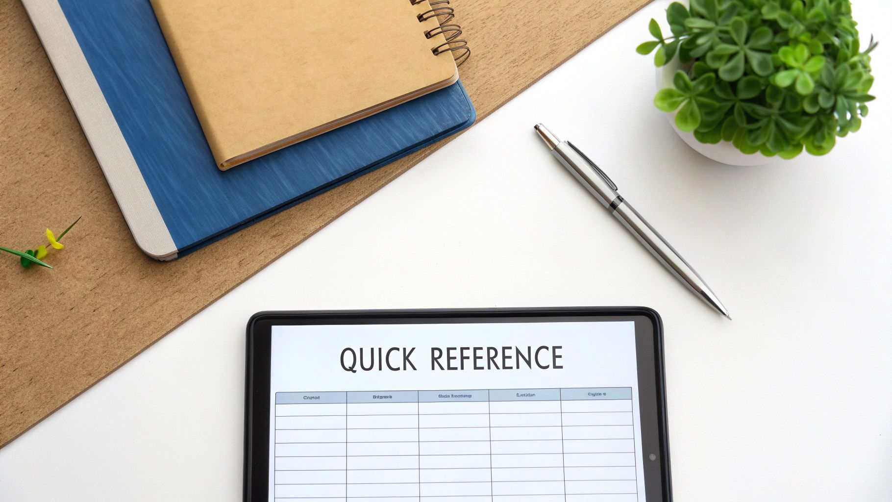 Overhead view of a workspace with a tablet showing 'Quick Reference', notebooks, pen, and plant.