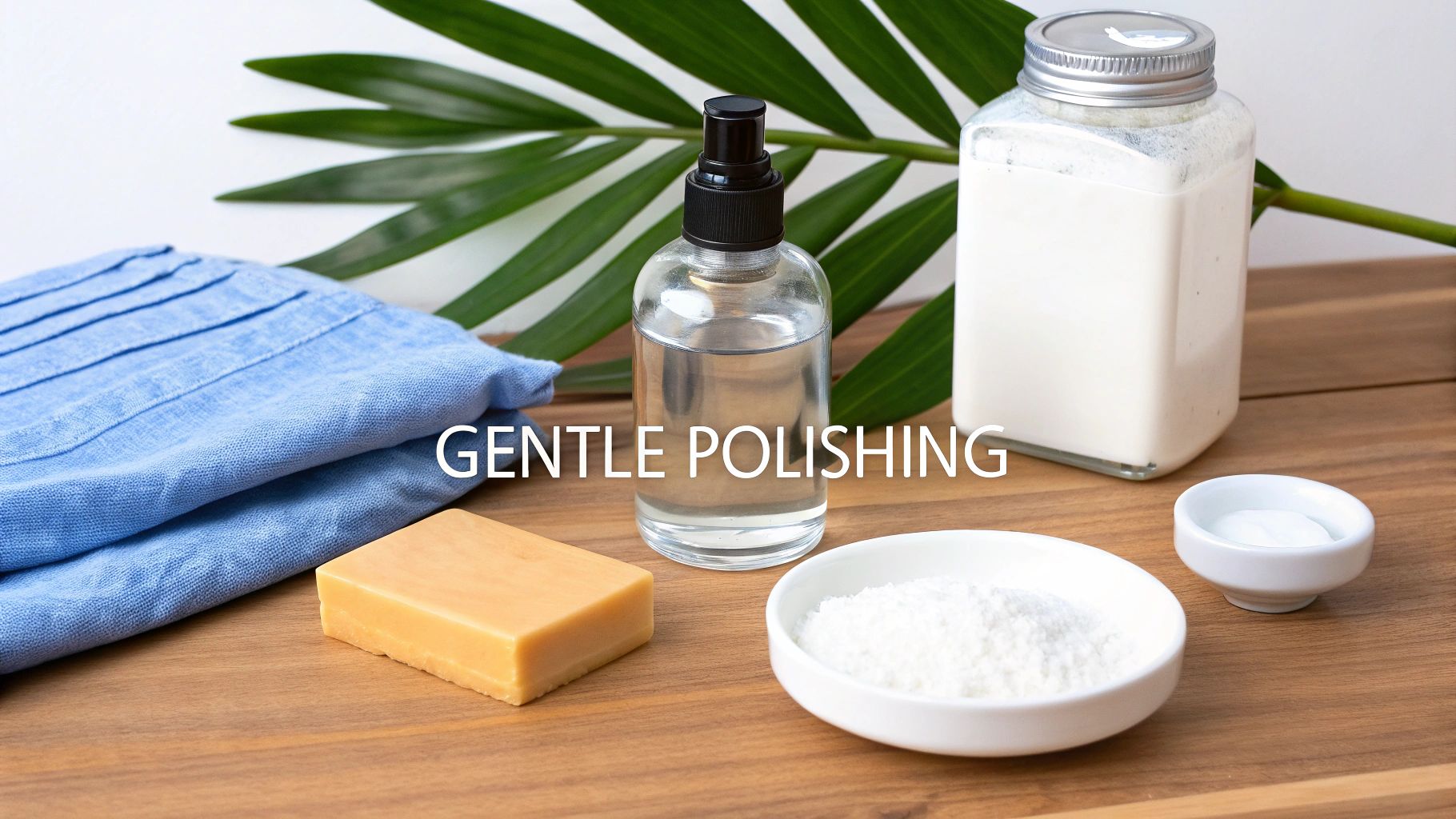 A collection of natural cleaning and polishing items, including soap, liquids, and powders, on a wooden tray.