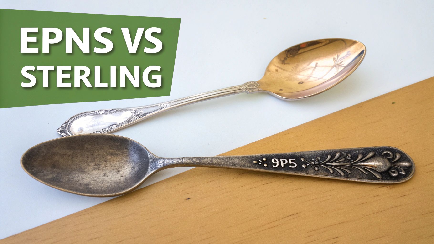 Two antique spoons, one silver and one with a golden tint, displayed on a light surface with text 'EPNS VS STERLING'.