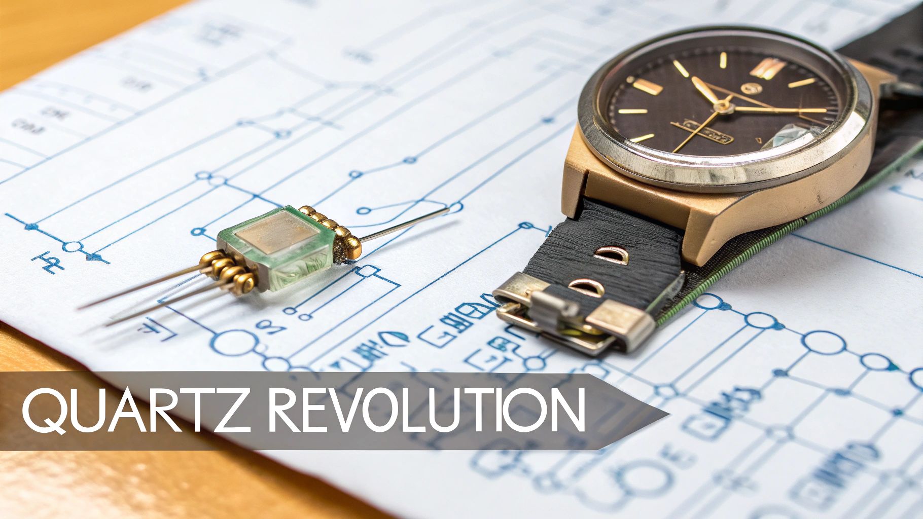 A close-up shot of the internal mechanism of a modern quartz watch, showing the battery, coil, and quartz crystal.