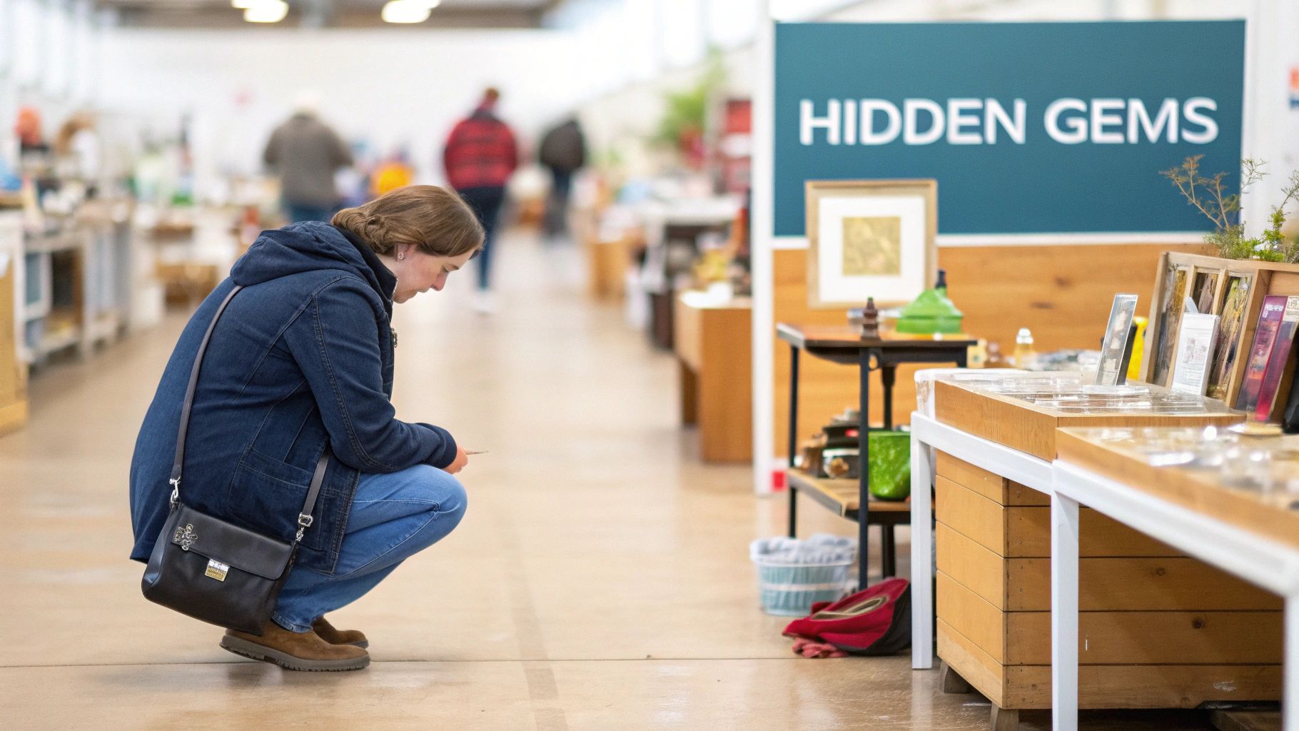 A person in a denim jacket squats, browsing items on display at a market with a 'Hidden Gems' sign.