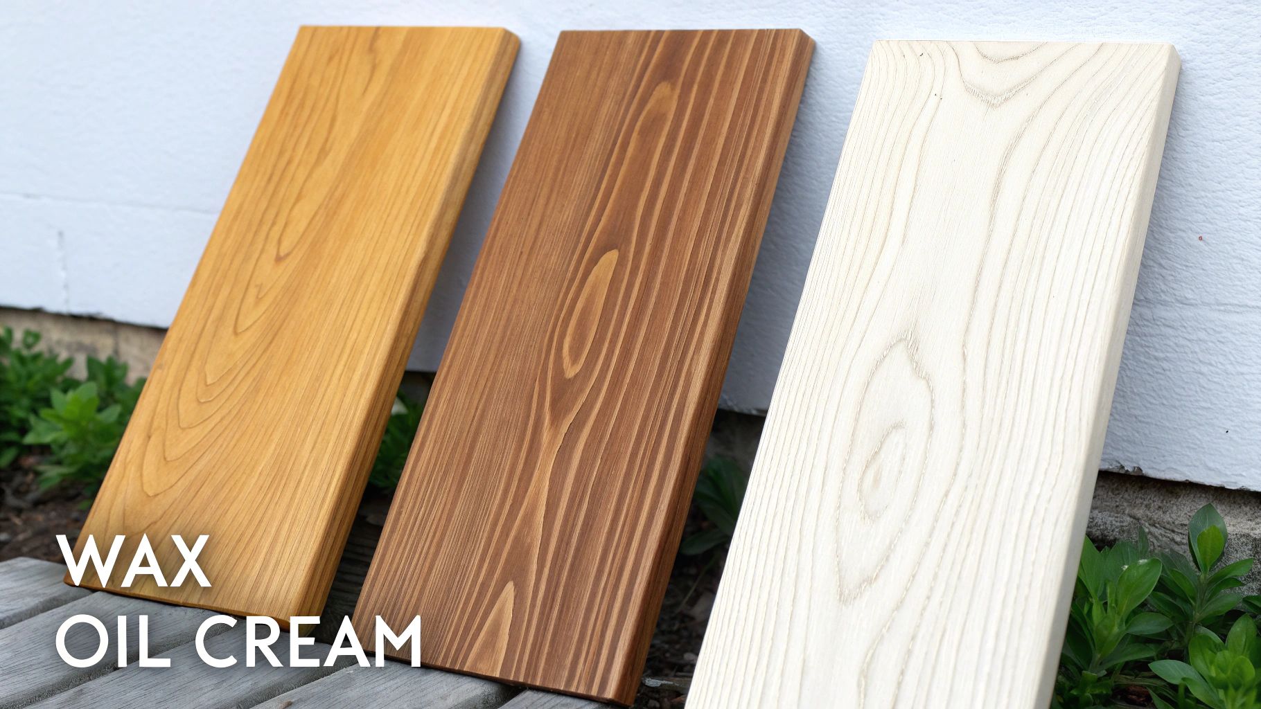 Three wooden boards showcasing different wood finishes: wax, oil, and natural cream.