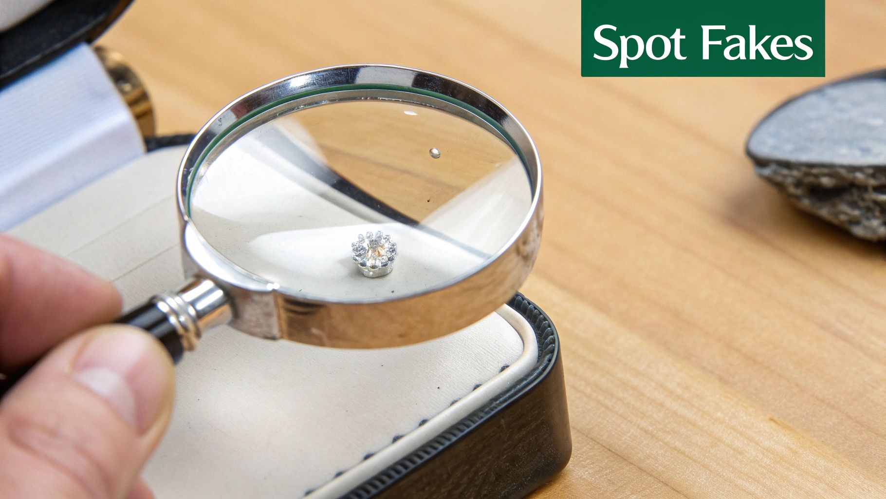 A hand uses a magnifying glass to inspect a sparkling gemstone in a jewelry box.