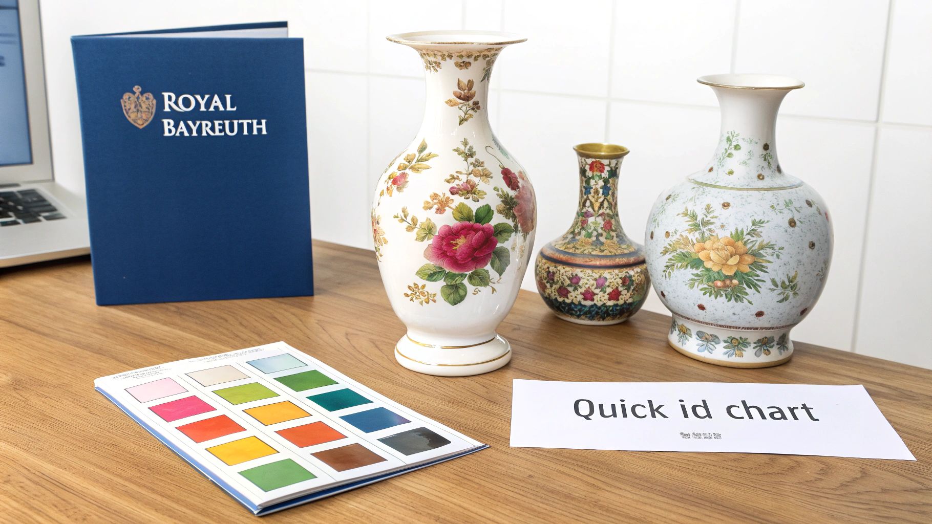 Three ornate Royal Bayreuth vases, a binder, and color chart for identification on a wooden desk.