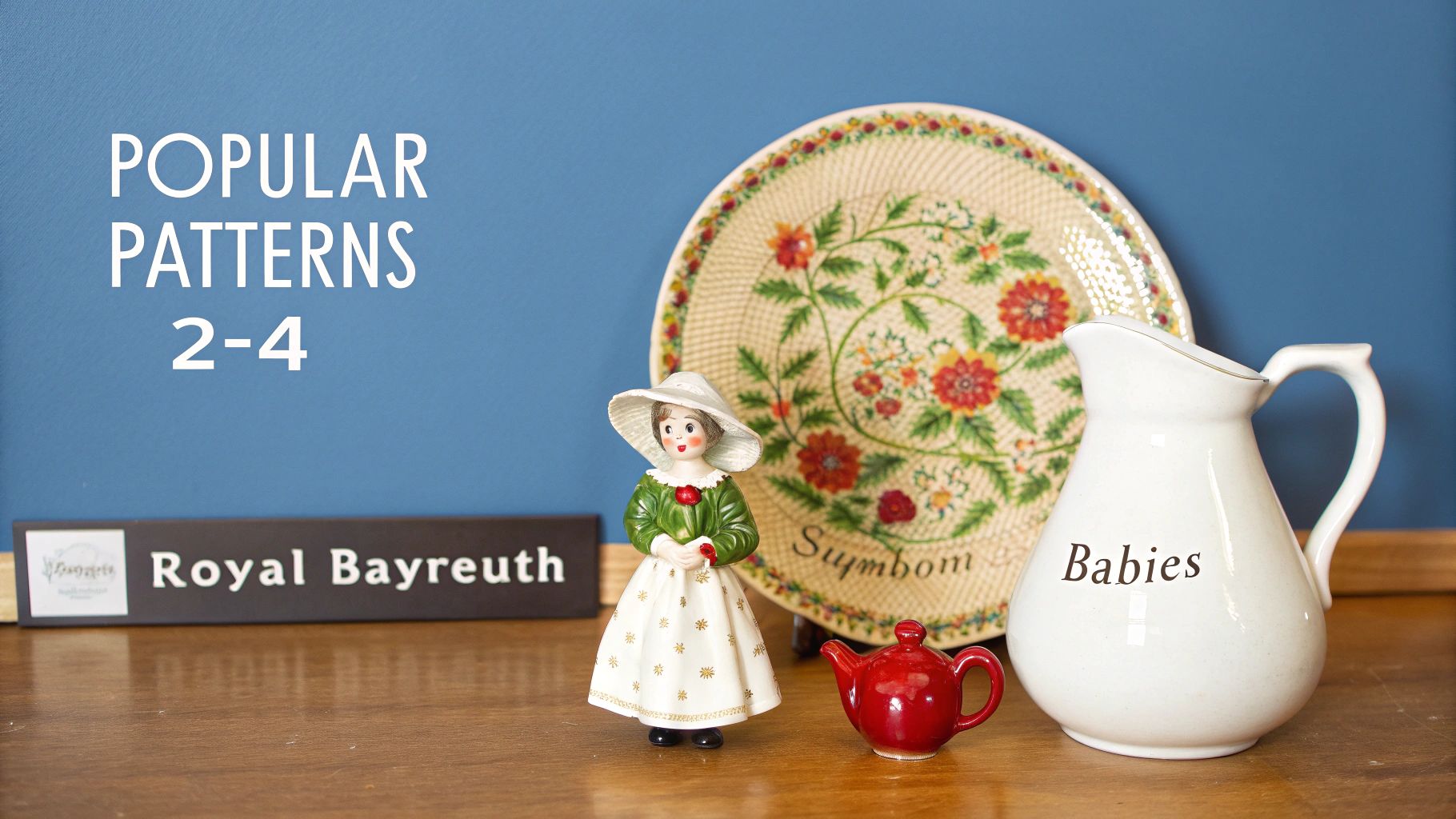 A collection of antique Royal Bayreuth items, including a figurine, decorative plate, small teapot, and pitcher, on a wooden surface.