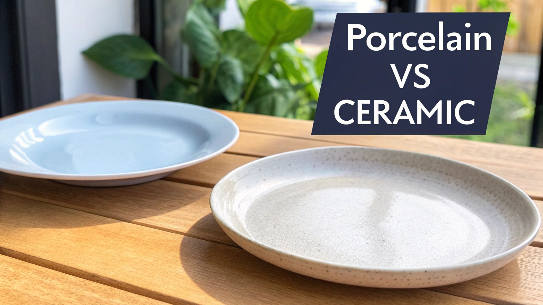 Light blue and speckled off-white plates on a wooden table, with text comparing porcelain vs. ceramic.