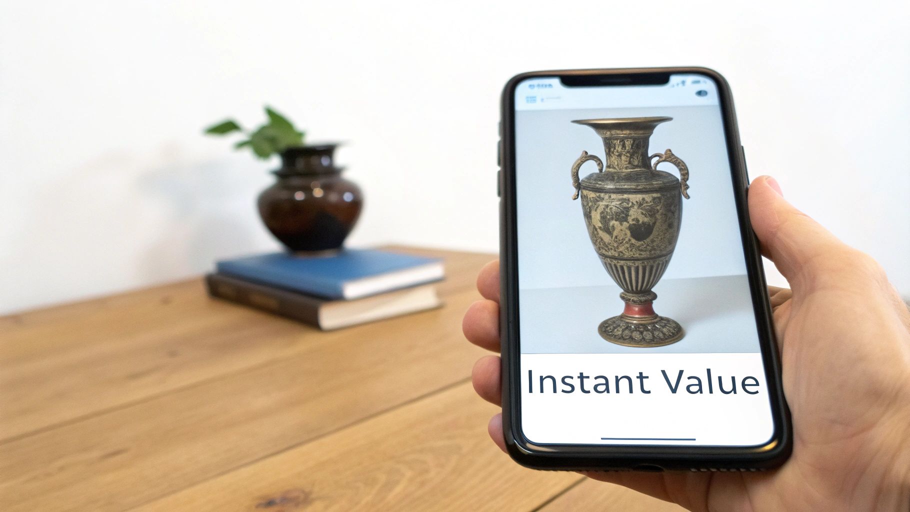 A person using a smartphone app to identify and appraise an antique vase, illustrating the concept of a free antique appraisal app.