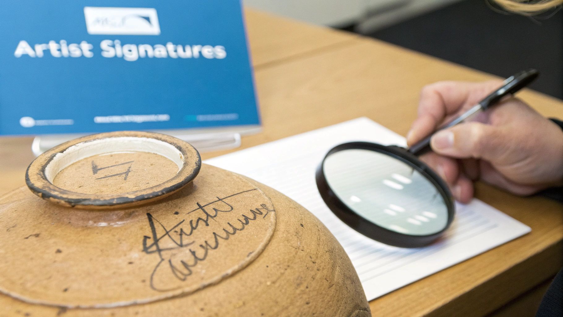 A person uses a magnifying glass to examine an artist's signature on the bottom of a pottery piece.