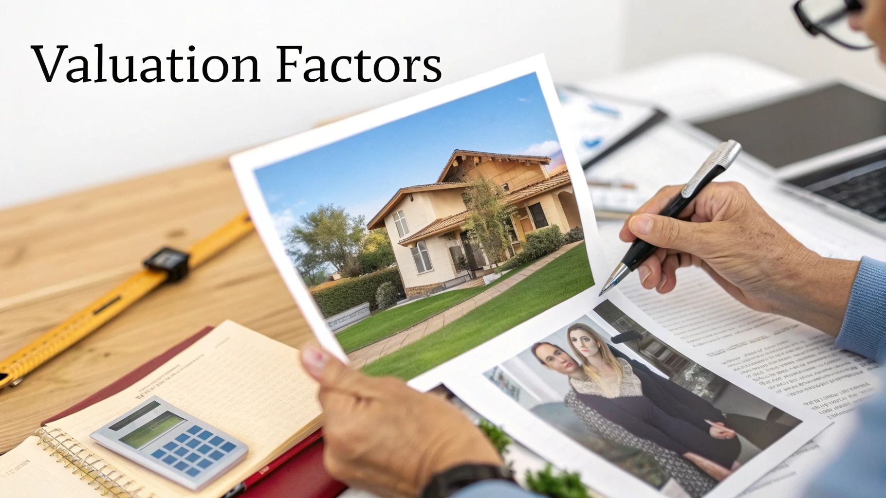 A person holds documents showing a house and people, with a pen, calculator, and notebook on a wooden desk.