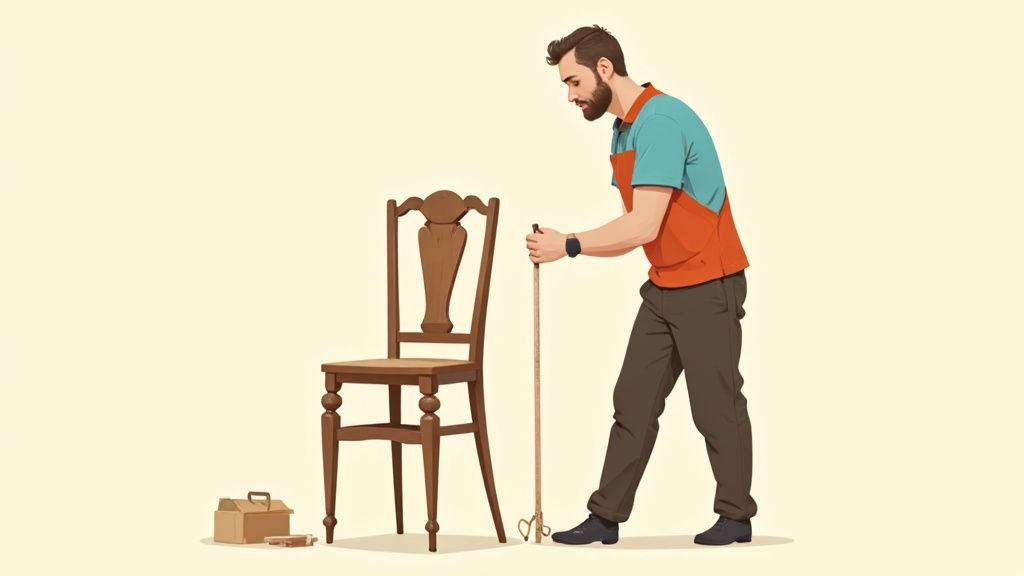 Antique secretary desk being measured and documented before shipping.