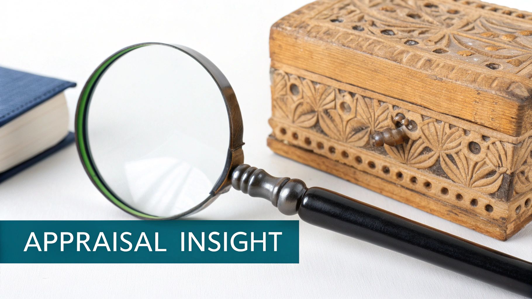 A magnifying glass hovering over an antique pocket watch, symbolizing the detailed examination involved in an appraisal for antiques.
